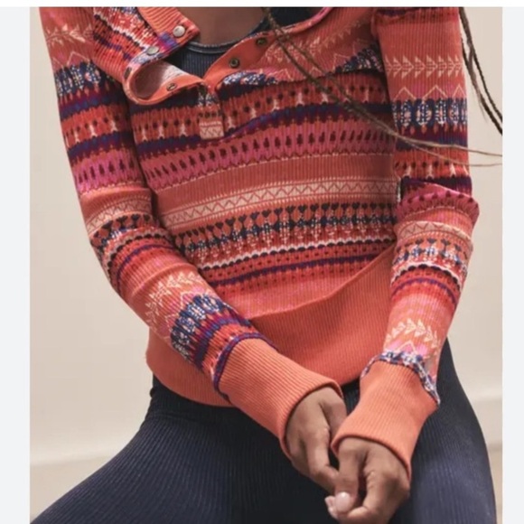 FP Movement ribbed rally layer button front Henley top red, orange, pink. Size L - Picture 2 of 7